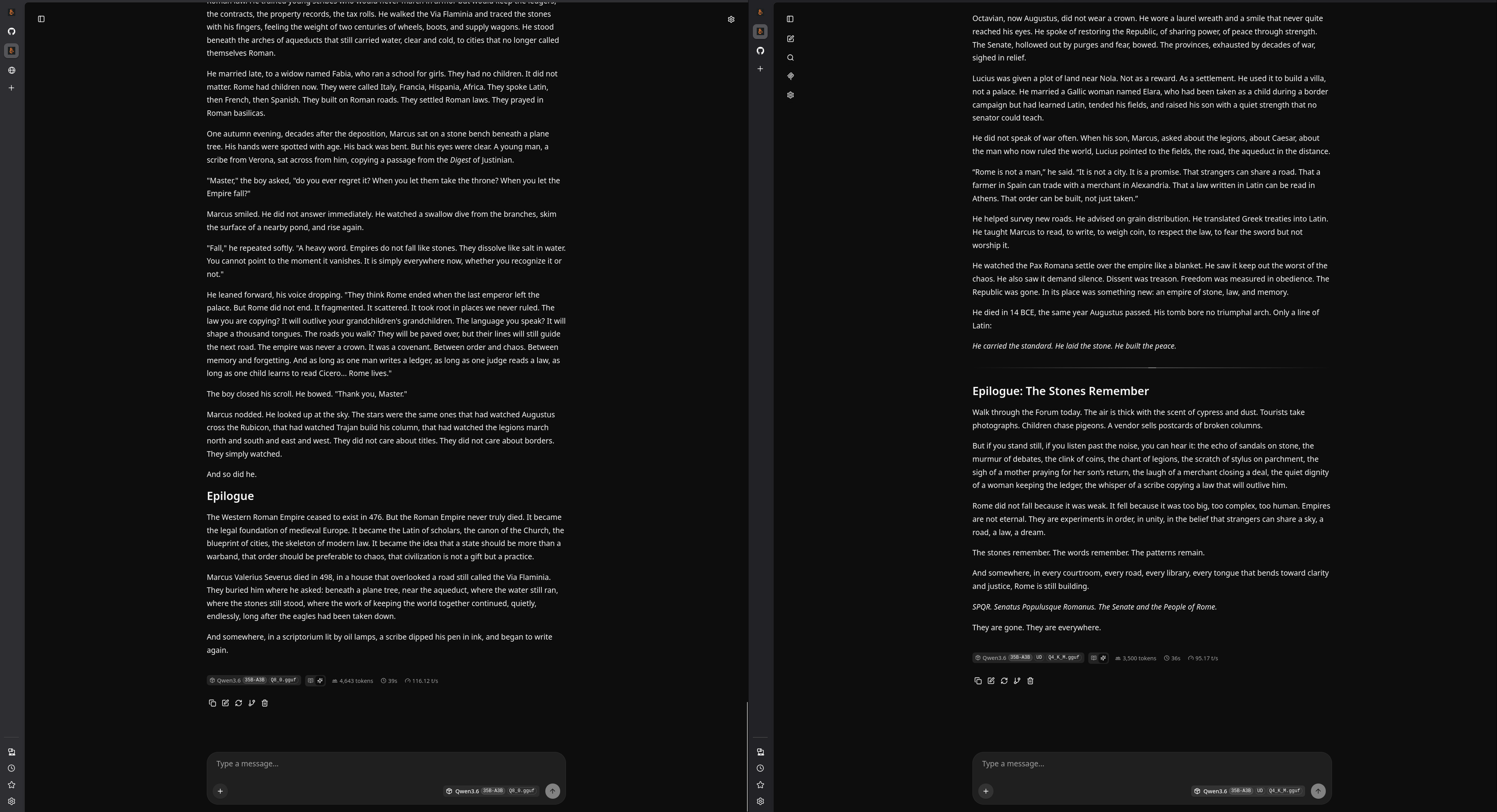 Baseline tokens per second at stock power settings - 2x RTX 3090 Q8 on the left, V100 Q4 on the right